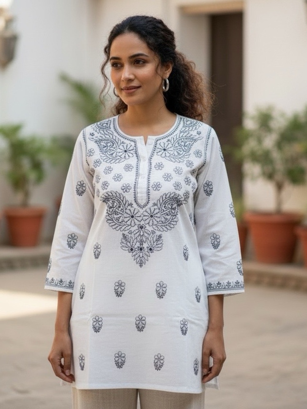 NWT Lucknowi Chikankari Hand Embroidered Cotton Kurti Tunic Top Purple/Green L